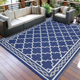 Garvee Outdoor Dark Blue 8x10 Rug, Reversible Plastic Straw Mat, UV Stable & Waterproof, Durable Polypropylene, Fade Resistant Edging, Navy/White Geometric, Patio & Camping - Dark Blue