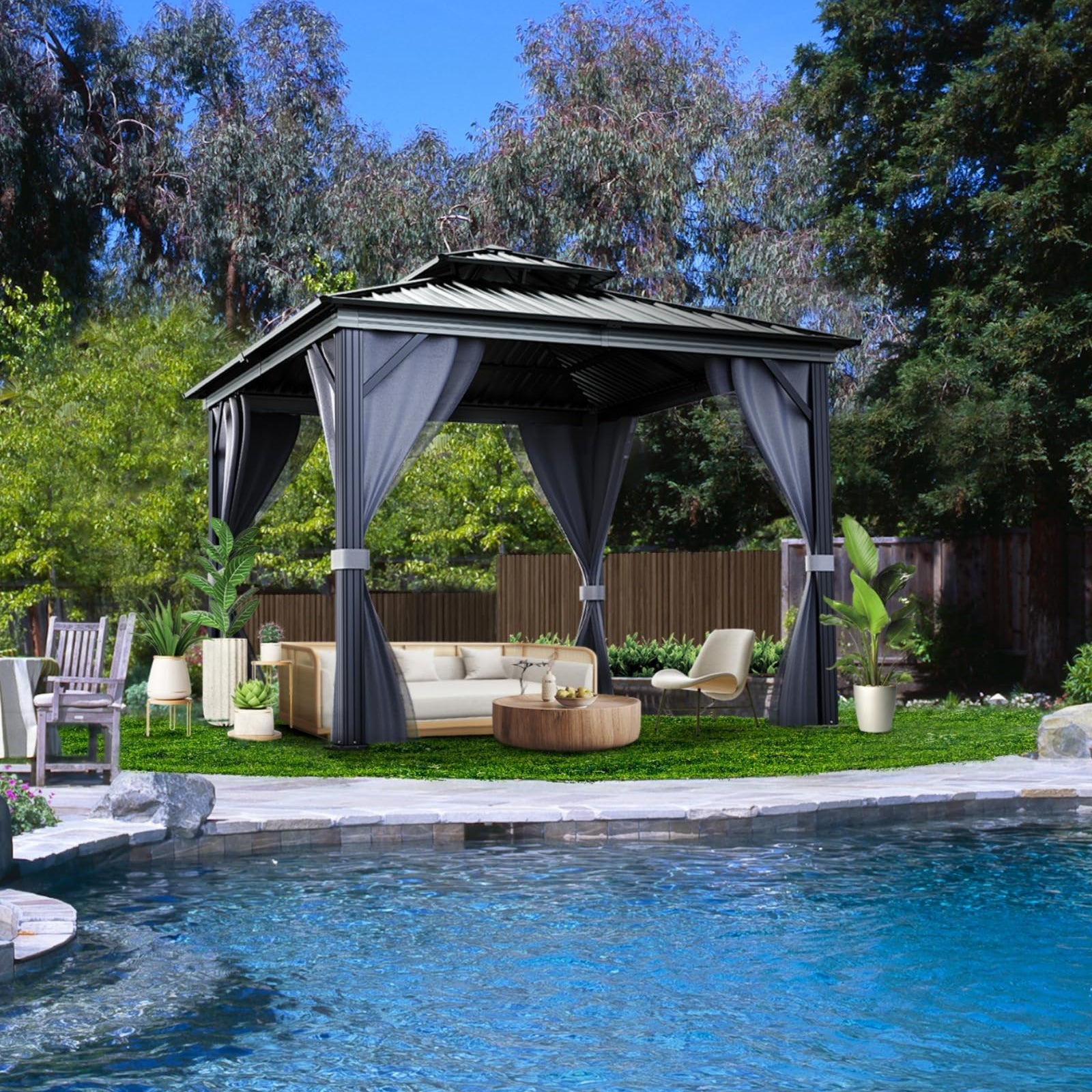 Garvee All-Weather Hardtop Gazebo with Double Metal Roof & Aluminum Frame, Mosquito Netting, Privacy Curtains, Outdoor Pavilion for Patio, Garden, Deck, Lawn, Backyard, Gray Mesh Black Yarn, 8x8FT