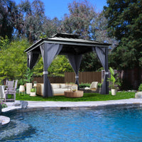 Garvee All-Weather Hardtop Gazebo with Double Metal Roof & Aluminum Frame, Mosquito Netting, Privacy Curtains, Outdoor Pavilion for Patio, Garden, Deck, Lawn, Backyard, Gray Mesh Black Yarn, 8x8FT