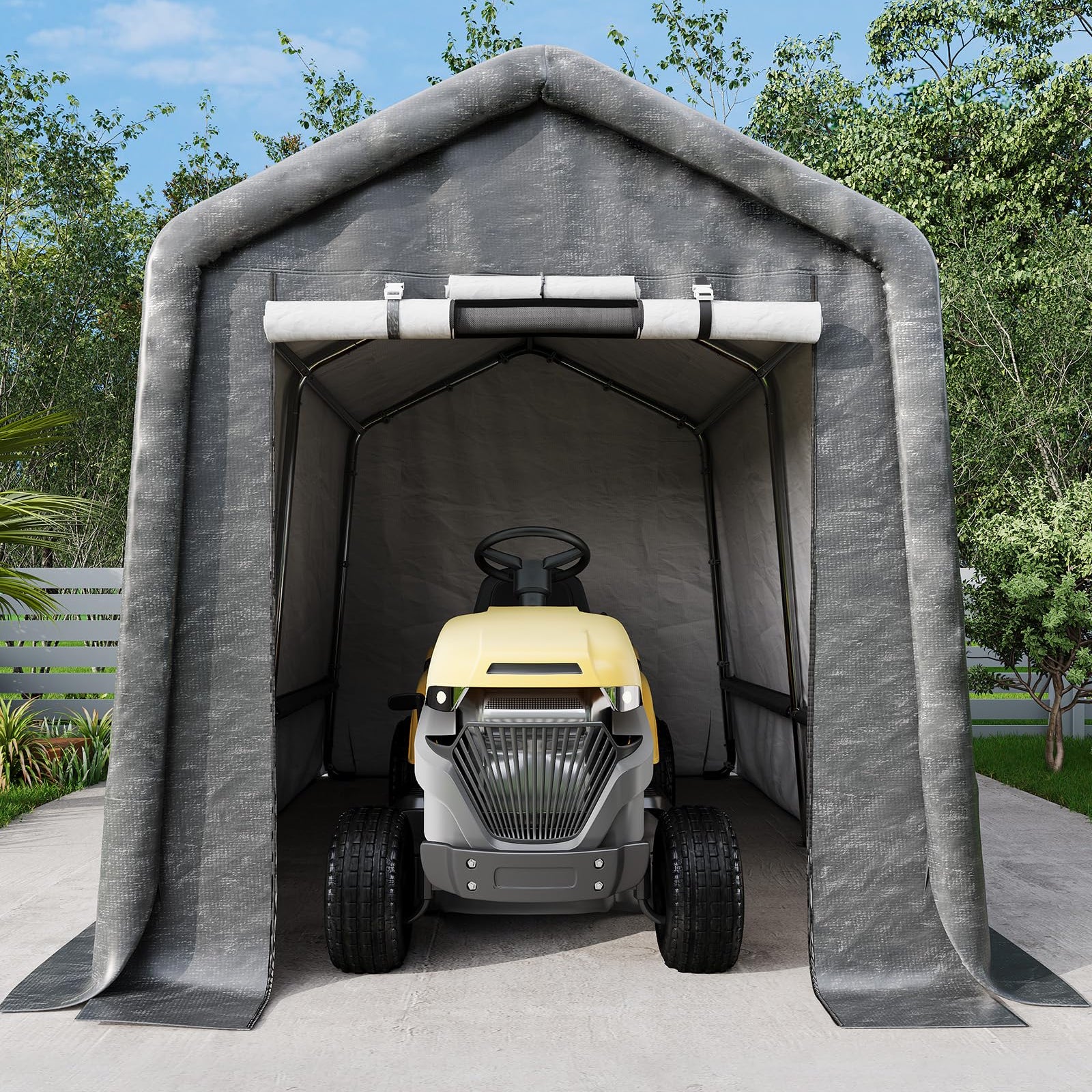 Garvee 7x12FT Gray Outdoor Portable Storage Shed with Roll-Up Door & Vent, 240G Heavy-Duty Shelter Waterproof PE Tarp, UV-Resistant Storage Sheds for Motorcycle, Firewood, Garden and Tools