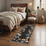 Garvee Floral Scalloped Kitchen Runner Rug 2x6 Non-Slip Machine Washable Polyester Low-Pile Stain Resistant Soft Faux Wool for Hallway Bathroom Bedroom - Floral/Black