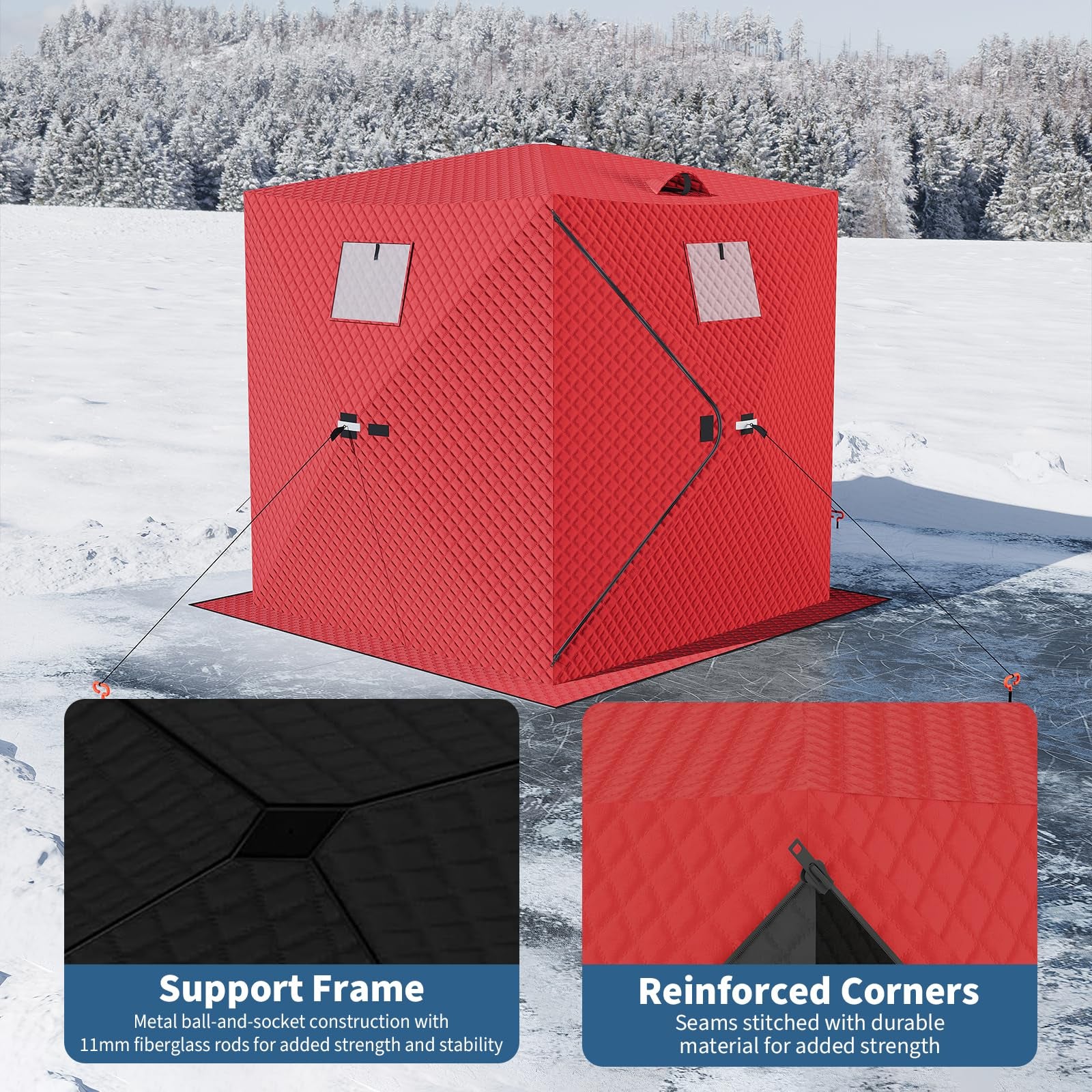 Garvee Insulated Pop-Up Ice Fishing Tent for 2-3 Persons - Portable Waterproof Oxford Winter Shelter - Quick Setup, Carry Bag, Anchors & Ropes - Red, 60×60×76.2 Inch | Winter fishing portable shelter