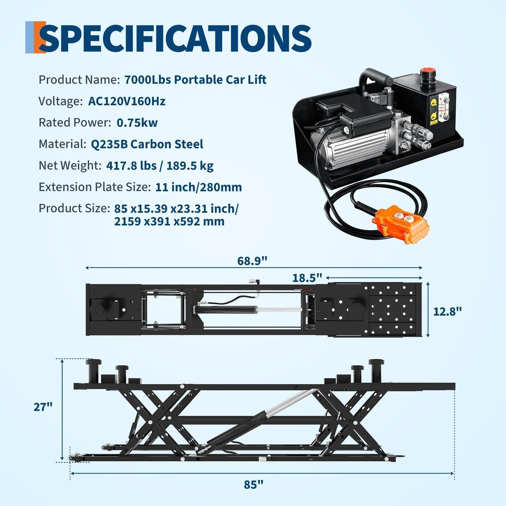 Garvee Portable Car Lift 7000 LBS Capacity, Heavy Duty Portable Scissor Lift for Cars & Trucks, 26.8" Max Lifting Height, 120V Power Unit, Foldable Auto Lift with Safety Lock for Garage Repair