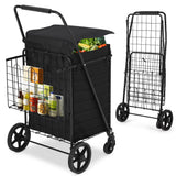 Garvee Heavy Duty Folding Shopping Cart with Waterproof Liner, Dual Basket, 360° Swivel Wheels, 600D Oxford Cloth, Portable & Collapsible, Large Capacity for Grocery & Camping - 