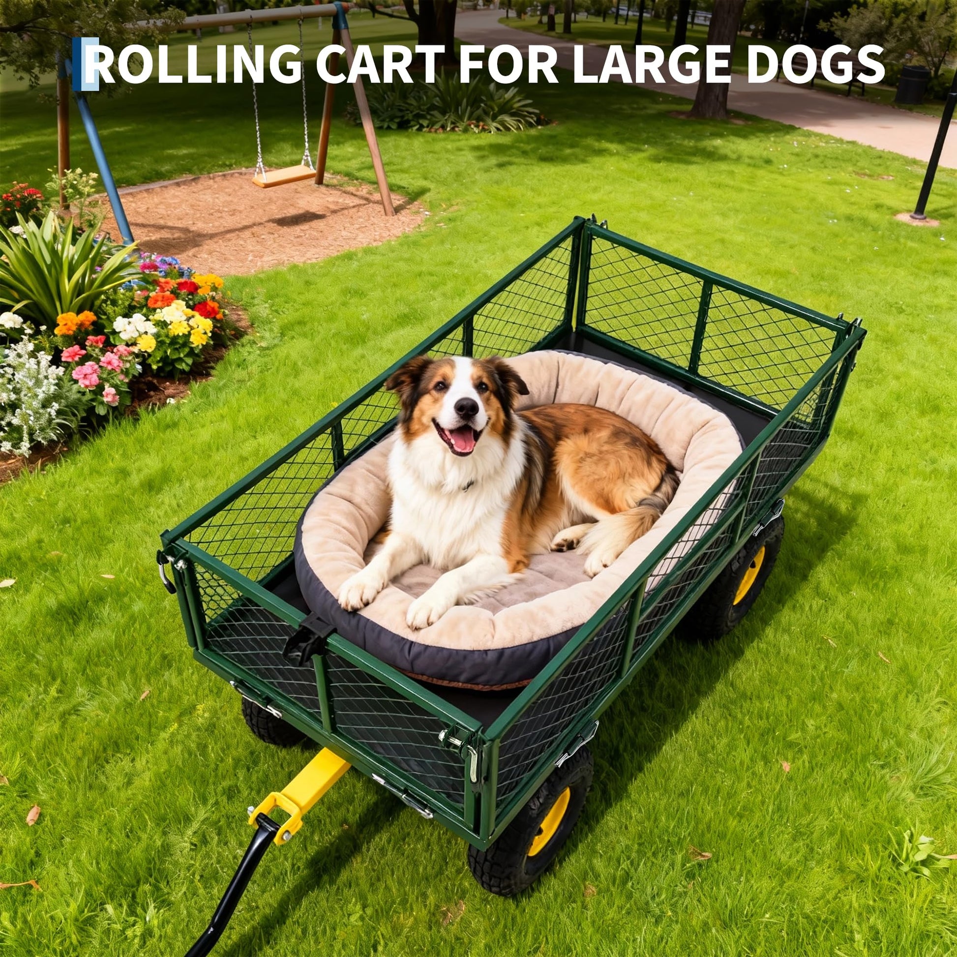 Garvee 900 lbs Heavy Duty Steel Garden Wagon Cart – 2-in-1 Utility Yard Cart, Removable Mesh Sides, 10" All-Terrain Tires, 180° Rotating Handle – Perfect for Lawn and Outdoor Gardening – Yellow Hub, Dark Green Frame, Black Handle