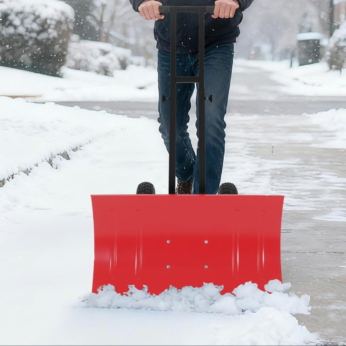 Garvee 29"W X 16.5"H Snow Pusher Shovel with Wheels,Heavy Duty Steel Snow Shovel with Wheels,Angled Blade Efficient Snow Removal With5-Position Angled Blade & Adjustable Handle for Doorway, Sidewalk