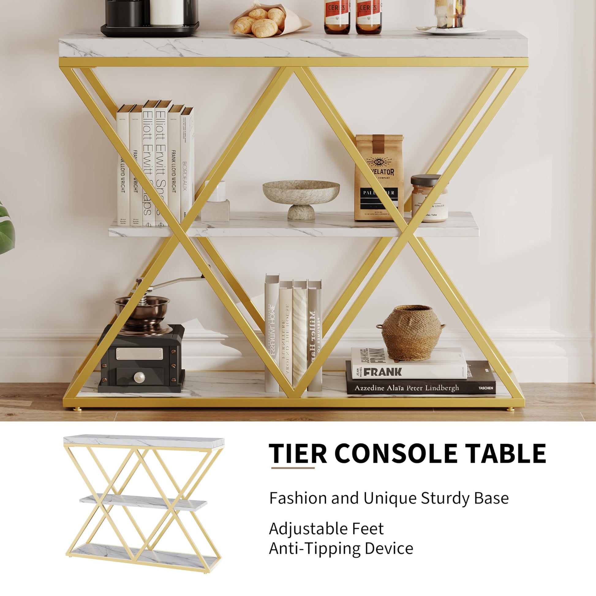 Garvee Farmhouse 3-Tier Console Table in X-Shaped Design with Open Shelves for Entryway and Hallway, White