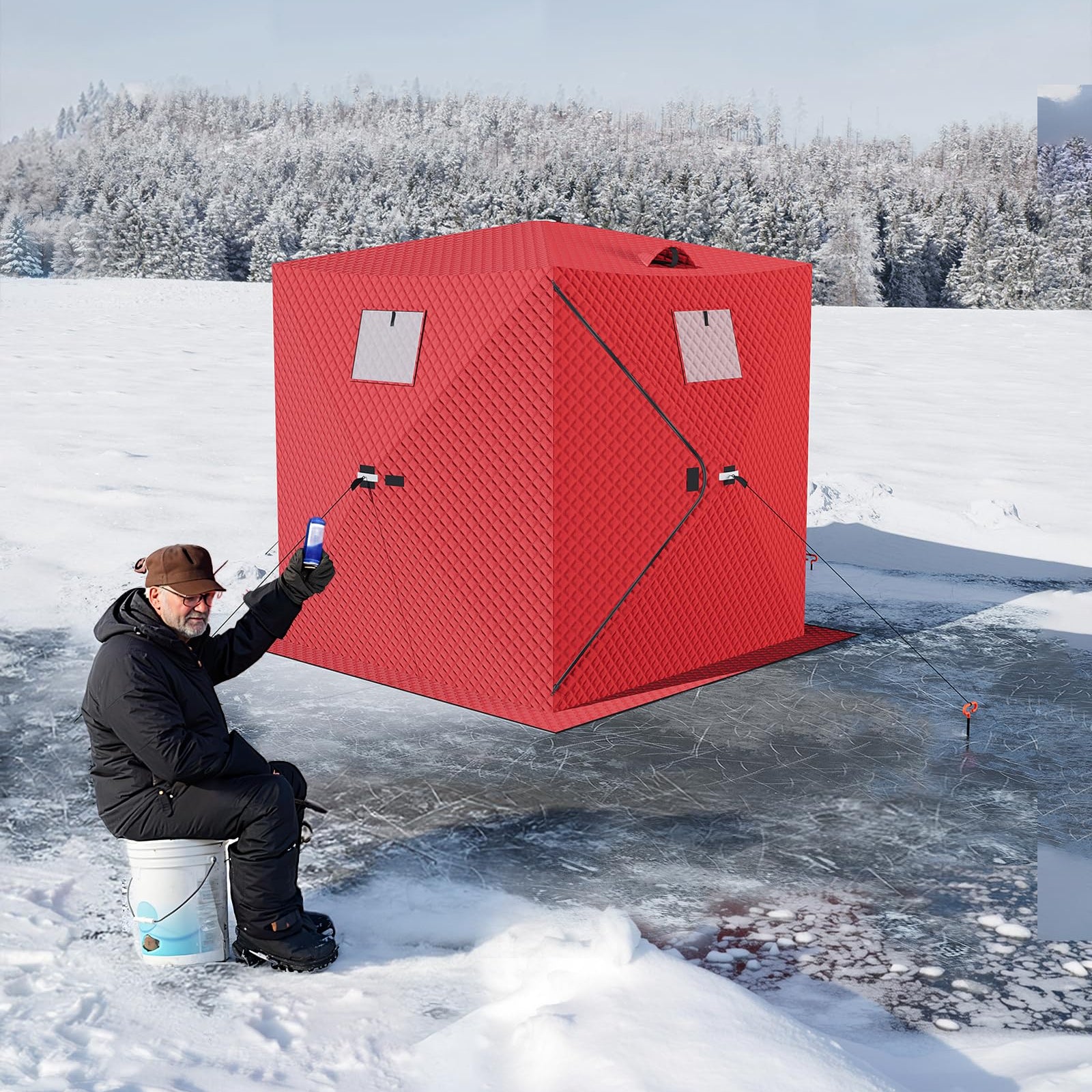 Garvee Insulated Pop-Up Ice Fishing Tent for 2-3 Persons - Portable Waterproof Oxford Winter Shelter - Quick Setup, Carry Bag, Anchors & Ropes - Red, 60×60×76.2 Inch | Winter fishing portable shelter