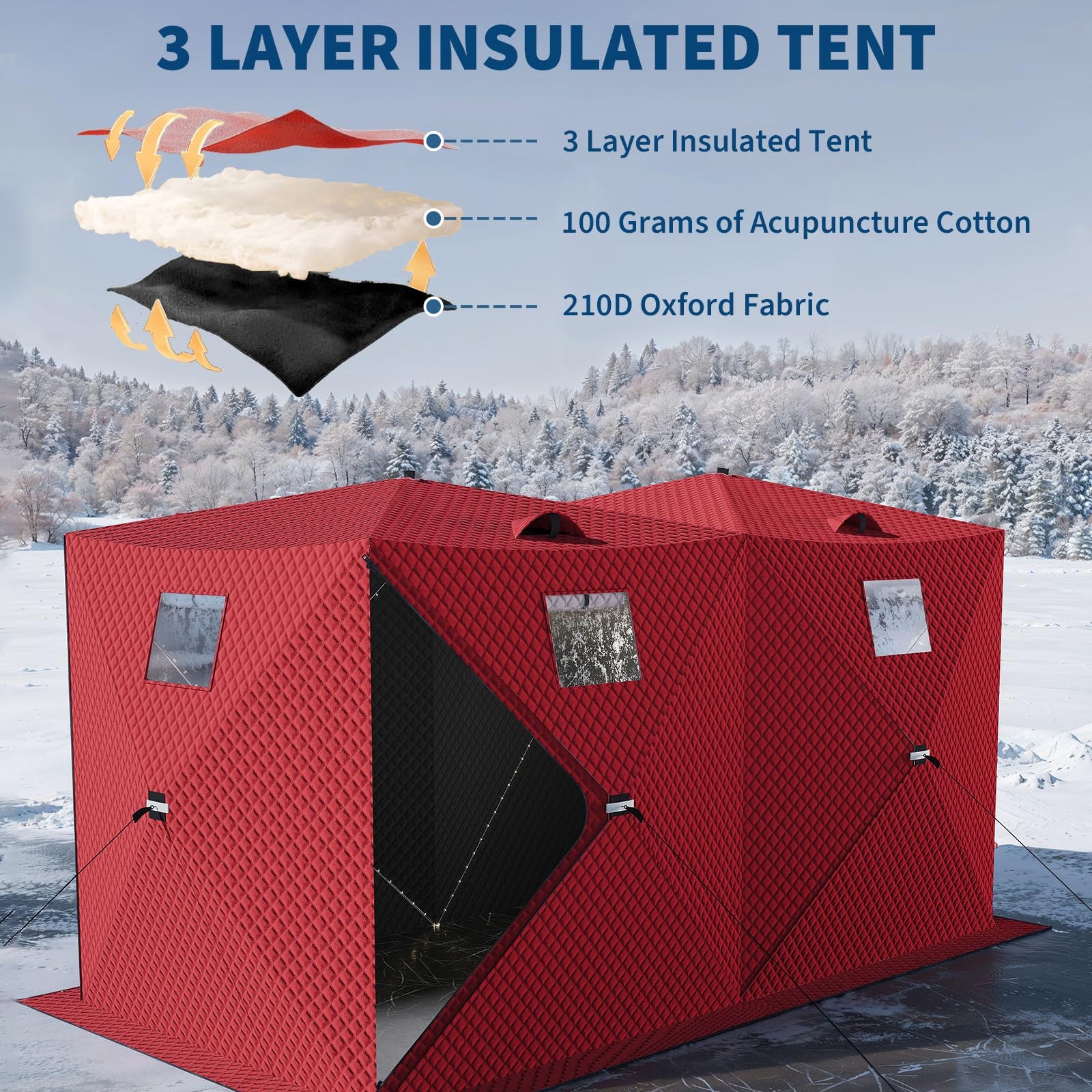 Garvee Insulated Pop-Up Ice Fishing Tent for 5-7 Persons - Spacious Hub-Style Winter Shelter - Waterproof Oxford, Quick Setup, Windproof, Anchors, Ropes, Carry Bag - Red, 141.73×70.8×77.74 Inch | Winter fishing portable shelter