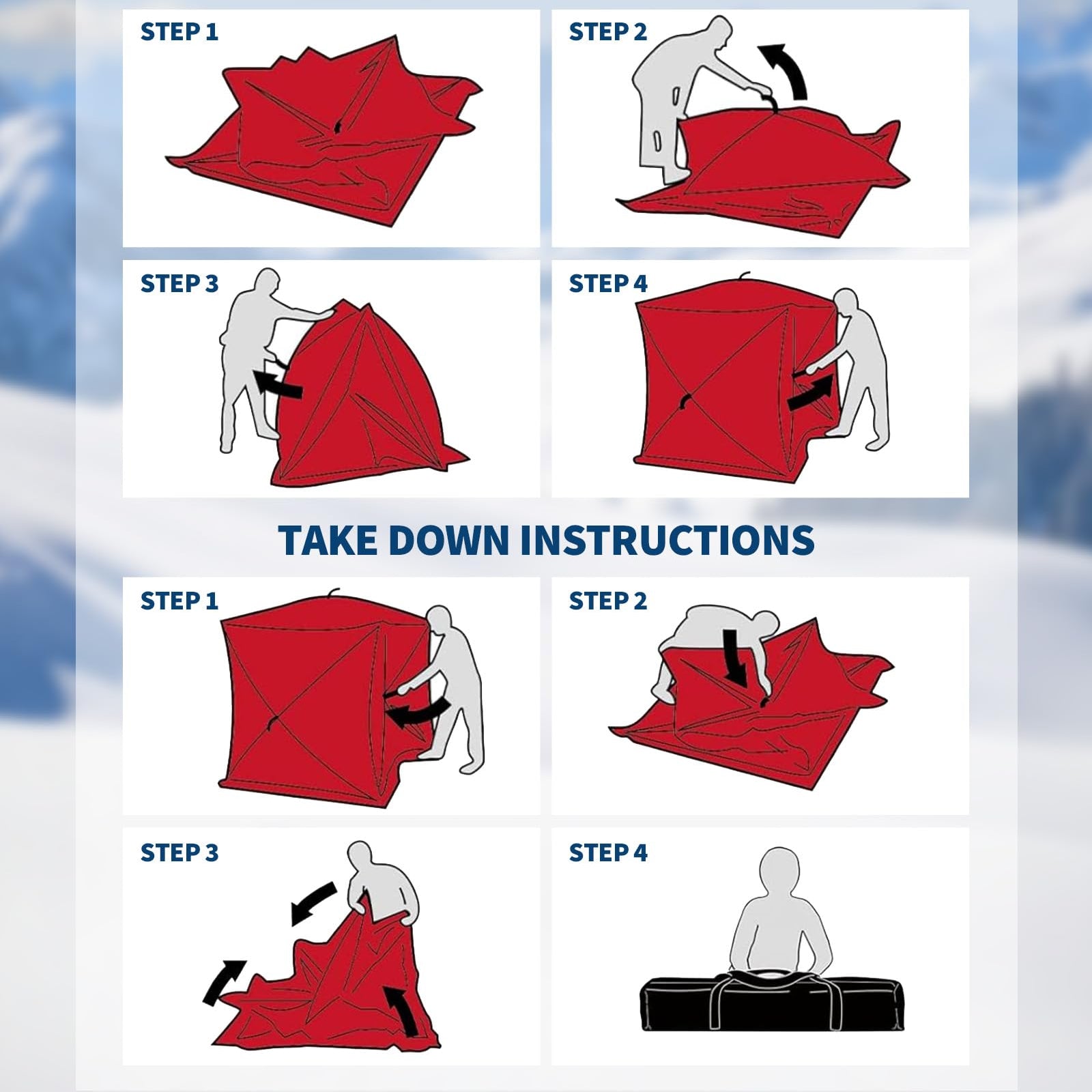 Garvee Insulated Pop-Up Ice Fishing Tent for 3-4 Persons - Portable Windproof Winter Shelter - Durable Ice Shanty, Carry Bag, Zippered Door, Anchors, Rope - Red & Black, 70.8×70.8×77.74 Inch | Winter fishing shelter