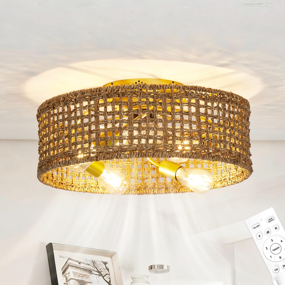 Garvee 20" Boho Rattan Ceiling Fan with Light - Flush Mount Fandelier, Handwoven Caged Design, 6-Speed Reversible Remote, E26 Bulb Base - Bedroom Living Room Nursery