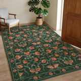 Garvee Floral Modern Area Rug 5x7 - Non-Slip Low Pile, Machine Washable - Soft Fabric, Kids & Pet Friendly - Green - Bedroom, Living Room - Dark Green
