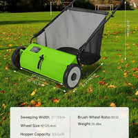 Garvee Light Green 21-Inch Push Lawn Sweeper with 3.5 Cu. Ft. Bag, 4 Spinning Brushes, Adjustable Height, Steel Frame, Rubber Wheels, for Grass & Leaves