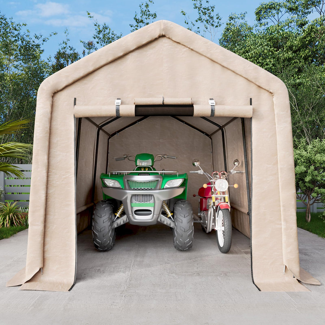 Garvee 7x15FT Khaki Outdoor Portable Storage Shed with Roll-Up Door & Vent, 240G Heavy-Duty Shelter Waterproof PE Tarp, UV-Resistant Storage Sheds for Motorcycle, Firewood, Garden and Tools