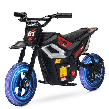Garvee 24V Kids Electric Dirt Bike 350W Motor 13.7MPH Speed Rear Suspension Rubber Tires Black Backyard Adventure