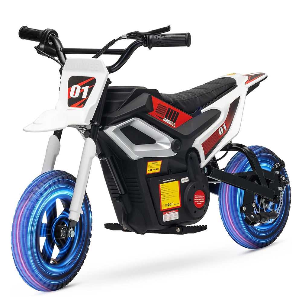 Garvee Kids 24V 350W Electric Dirt Bike with Rear Suspension, Music, Leather Seat, Rubber Tires, Twist Grip Throttle, 13.7 Mph, 12 Miles Range, Outdoor Riding