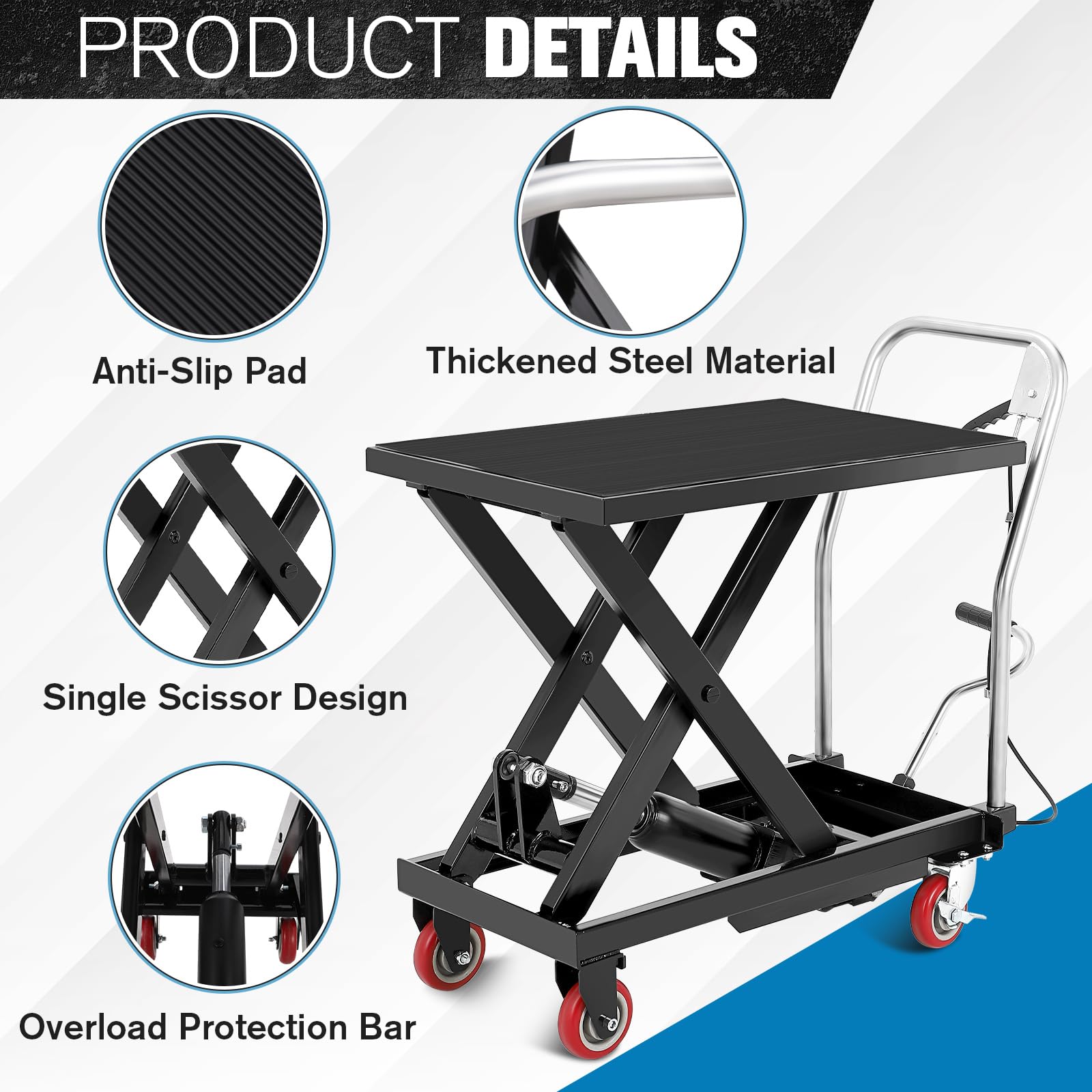 GARVEE hydraulic lift table cart product details with anti-slip pad, thickened steel material, scissor design, and overload protection bar