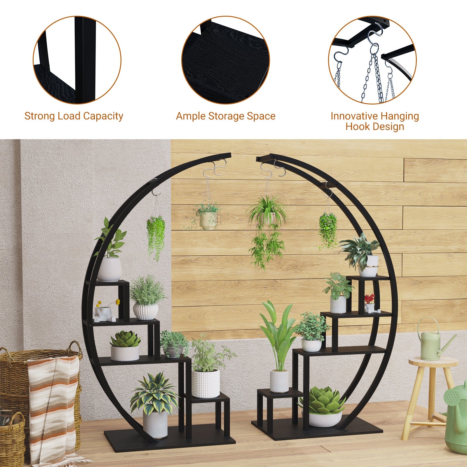 Garvee 5-Tier Curved Metal Plant Stand with 6 Hooks, Elegant Black Balcony & Indoor Flower Pot Display Rack for Plants & Garden Decor
