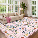 Garvee Vintage Floral Area Rug 9x12, Washable Low Pile, Stain Resistant Faux Wool, Non-Shedding, Anti-Skid Backing, Boho Living Room Carpet Pink - Pink