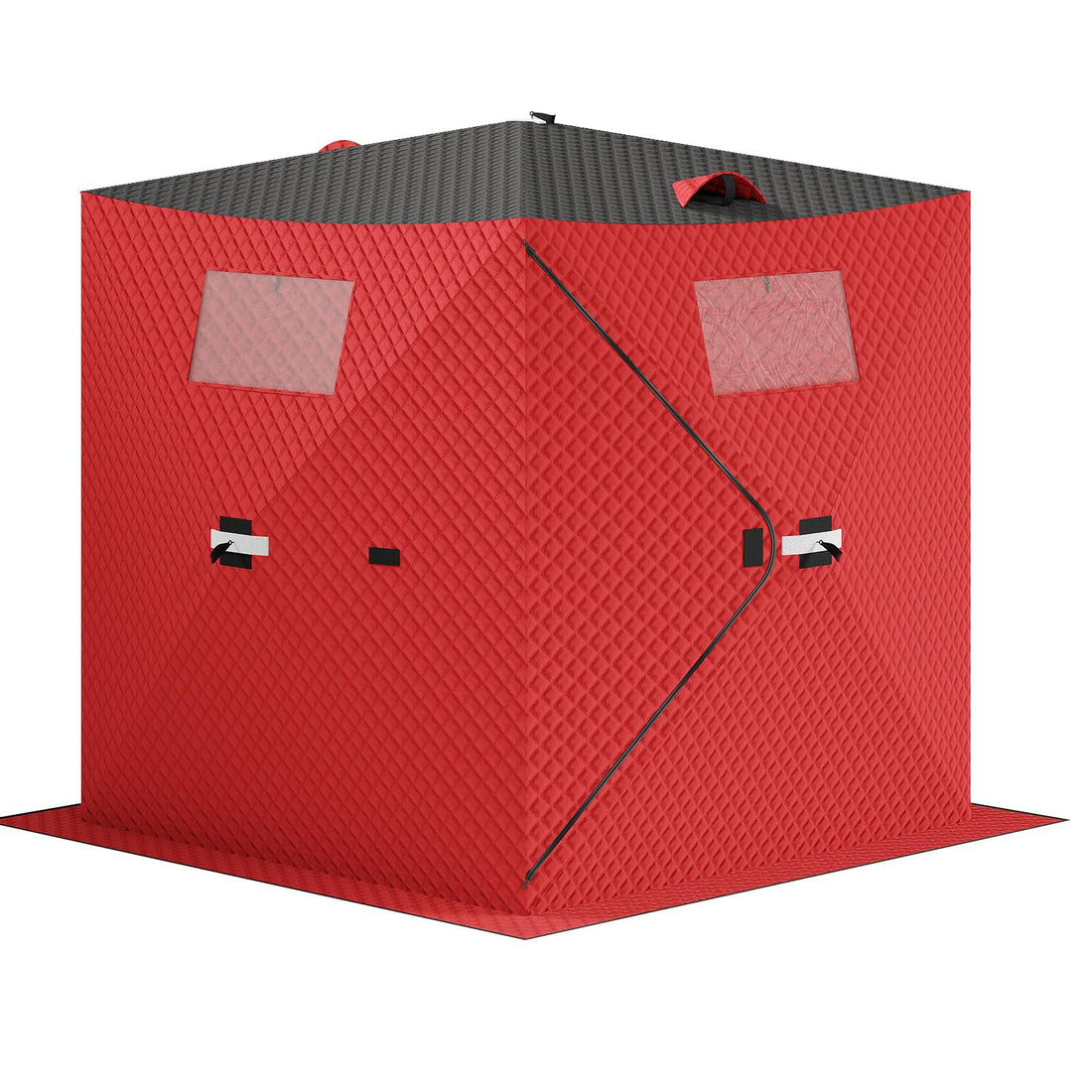 Garvee Insulated Pop-Up Ice Fishing Tent for 3-4 Persons - Portable Windproof Winter Shelter - Durable Ice Shanty, Carry Bag, Zippered Door, Anchors, Rope - Red & Black, 70.8×70.8×77.74 Inch | Winter fishing shelter