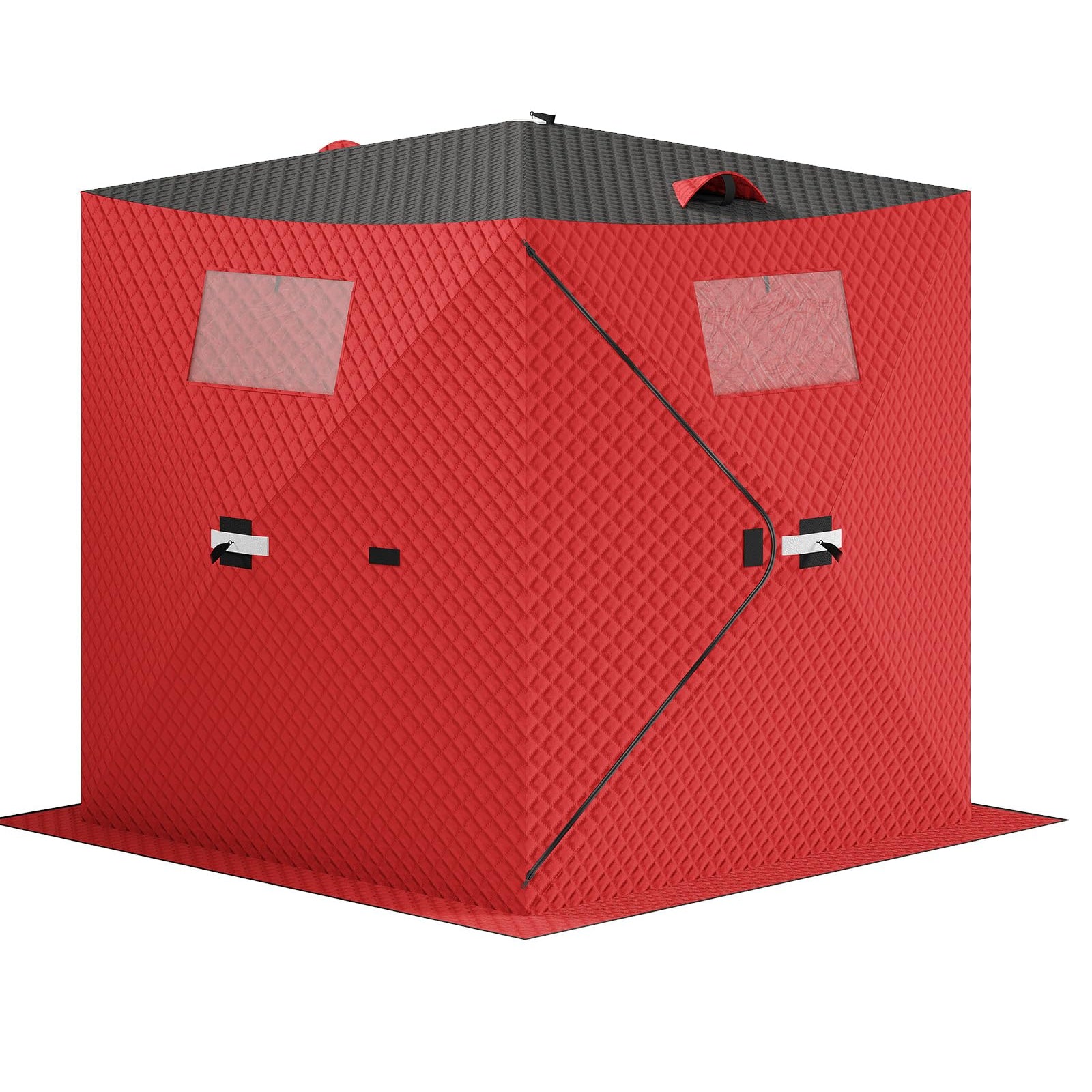 Garvee Insulated Pop-Up Ice Fishing Tent for 3-4 Persons - Portable Windproof Winter Shelter - Durable Ice Shanty, Carry Bag, Zippered Door, Anchors, Rope - Red & Black, 70.8×70.8×77.74 Inch | Winter fishing shelter