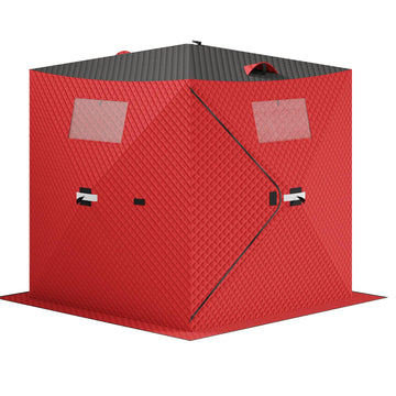 Garvee Insulated Pop-Up Ice Fishing Tent for 3-4 Persons - Portable Windproof Winter Shelter - Durable Ice Shanty, Carry Bag, Zippered Door, Anchors, Rope - Red & Black, 70.8×70.8×77.74 Inch | Winter fishing shelter