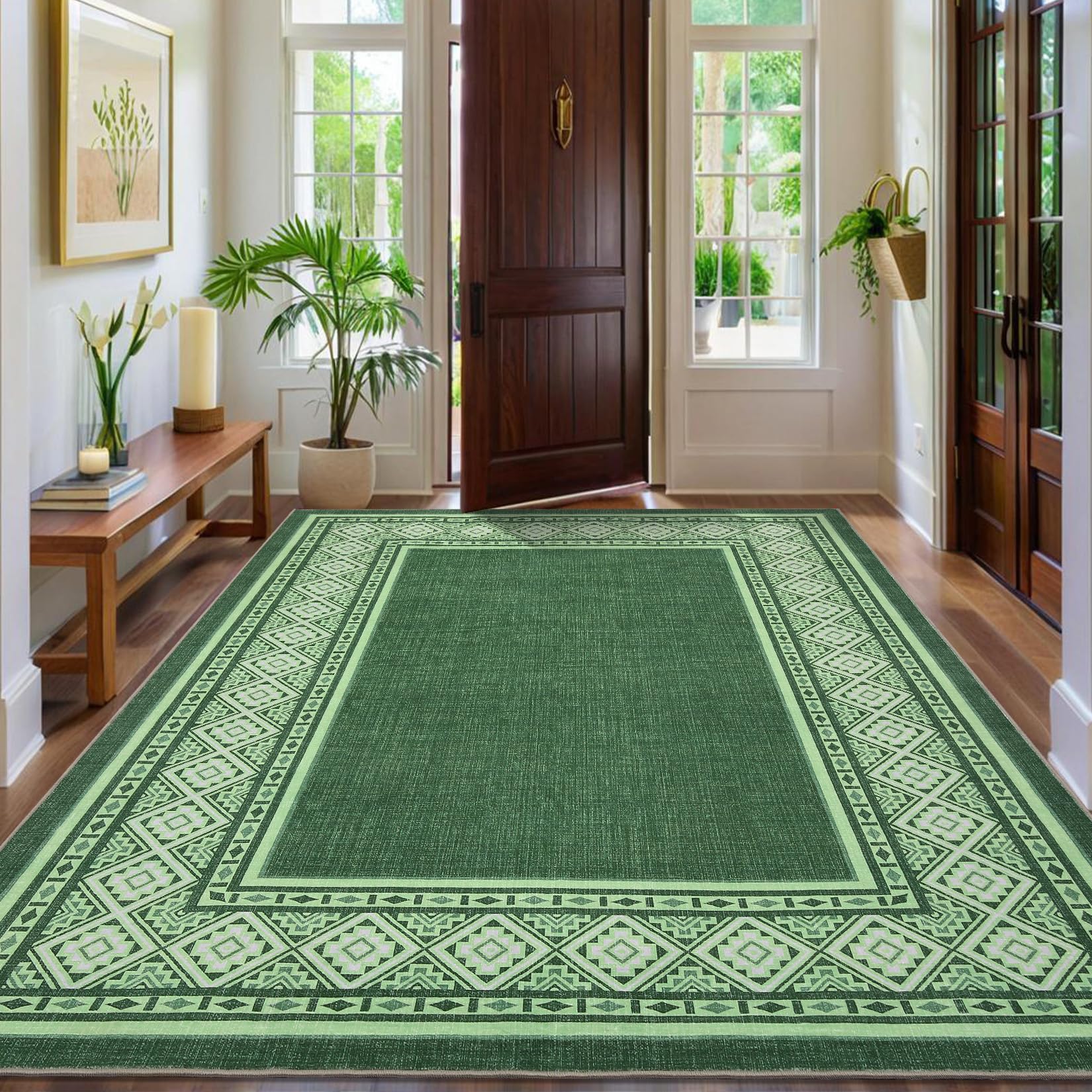 Garvee Modern Neutral Bordered Area Rug Green 8'x10' Soft Washable Non ...