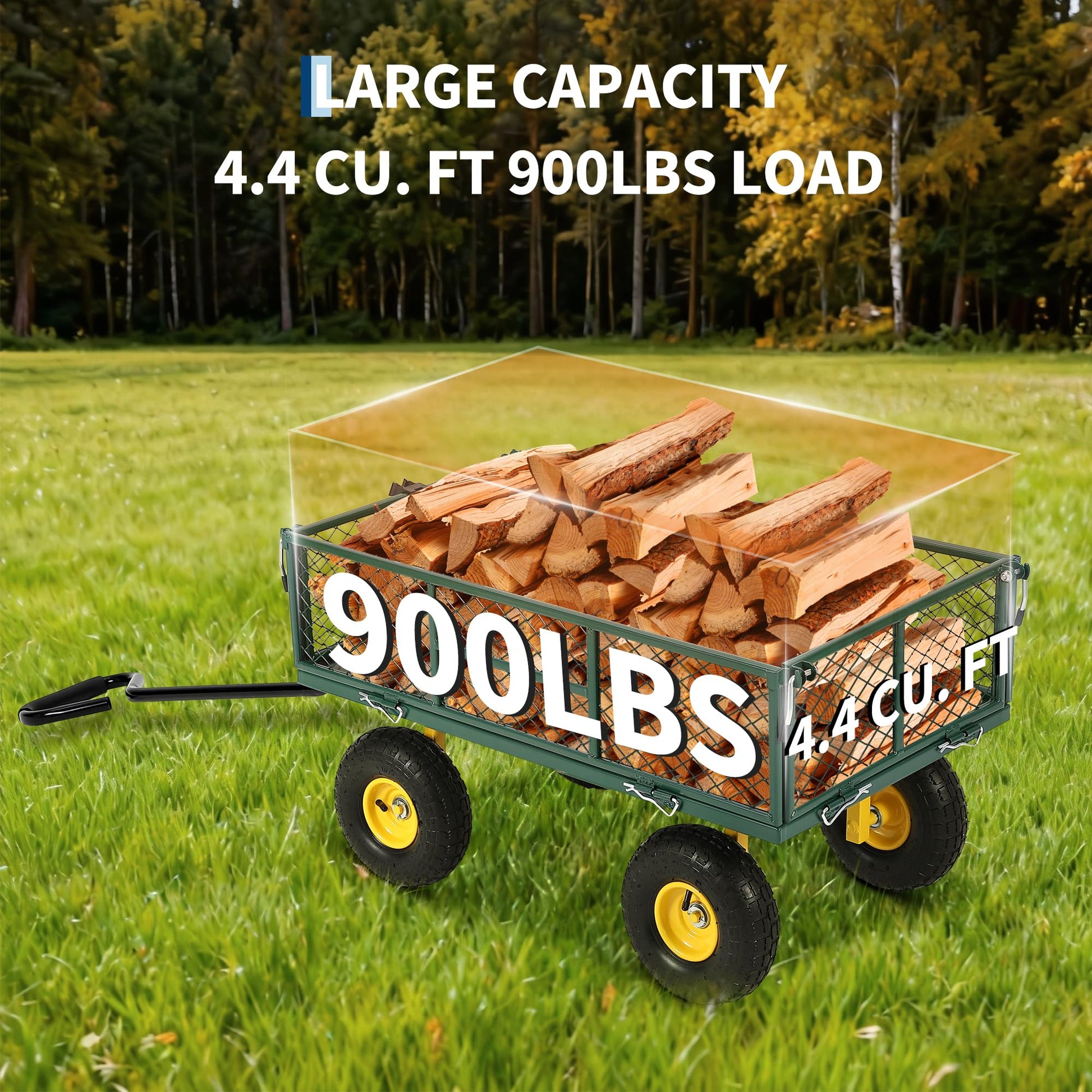 Garvee 900 lbs Heavy Duty Steel Garden Wagon Cart – 2-in-1 Utility Yard Cart, Removable Mesh Sides, 10" All-Terrain Tires, 180° Rotating Handle – Perfect for Lawn and Outdoor Gardening – Yellow Hub, Dark Green Frame, Black Handle