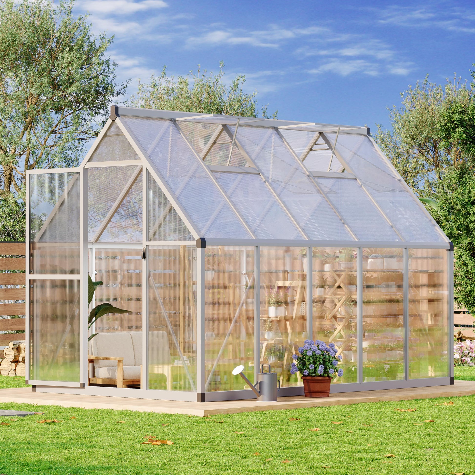 Garvee Heavy Duty 6x9 FT Polycarbonate Walk-In Greenhouse - Sturdy Aluminum Frame, Lockable Door, Adjustable Roof Vent, Easy Assembly, Ideal for Garden, Backyard, or Patio, Silver