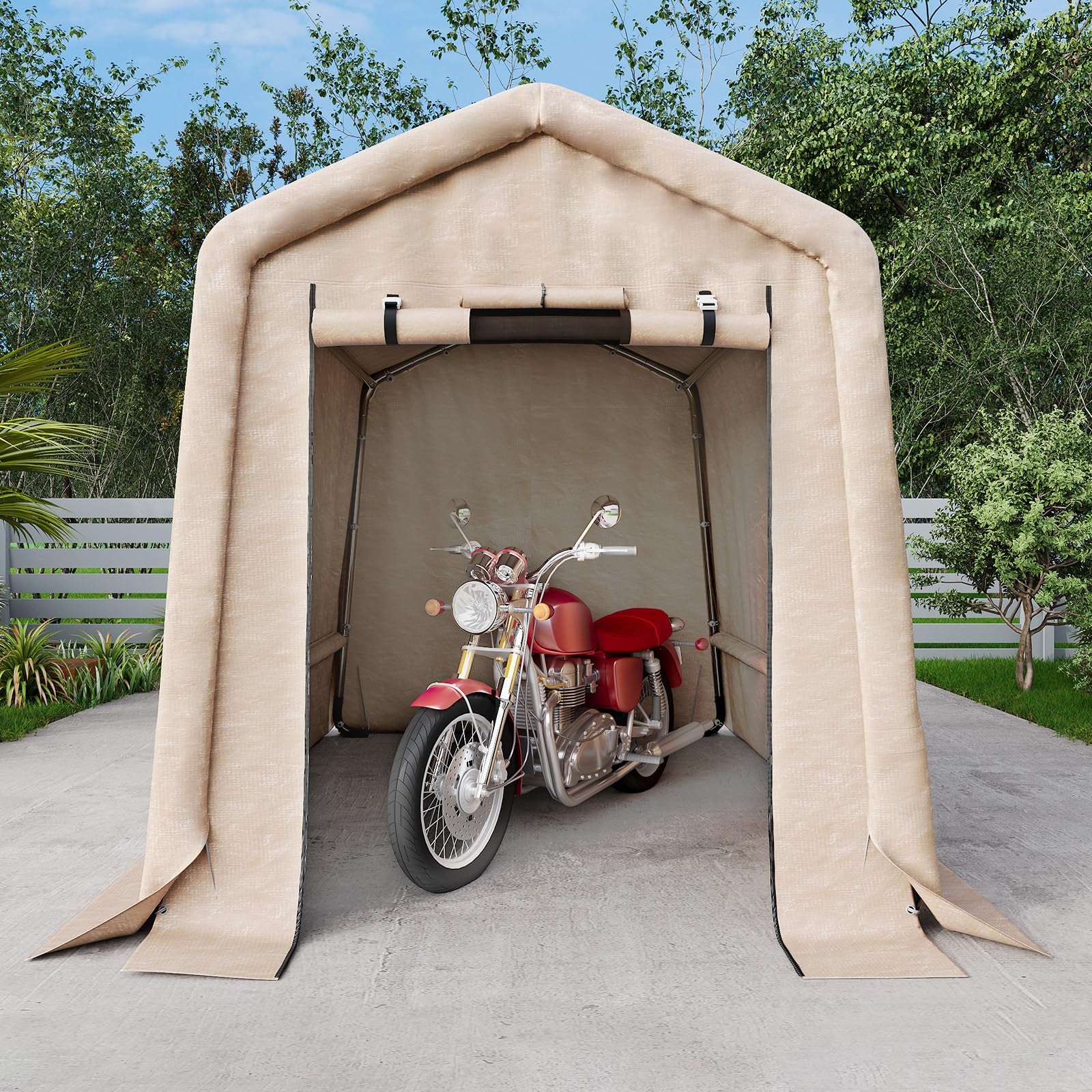 Garvee 6x8FT Outdoor Portable Storage Shed with Roll-Up Door & Vent, 240G Heavy-Duty Shelter Waterproof PE Tarp, UV-Resistant Storage Sheds for Motorcycle, Firewood, Garden and Tools