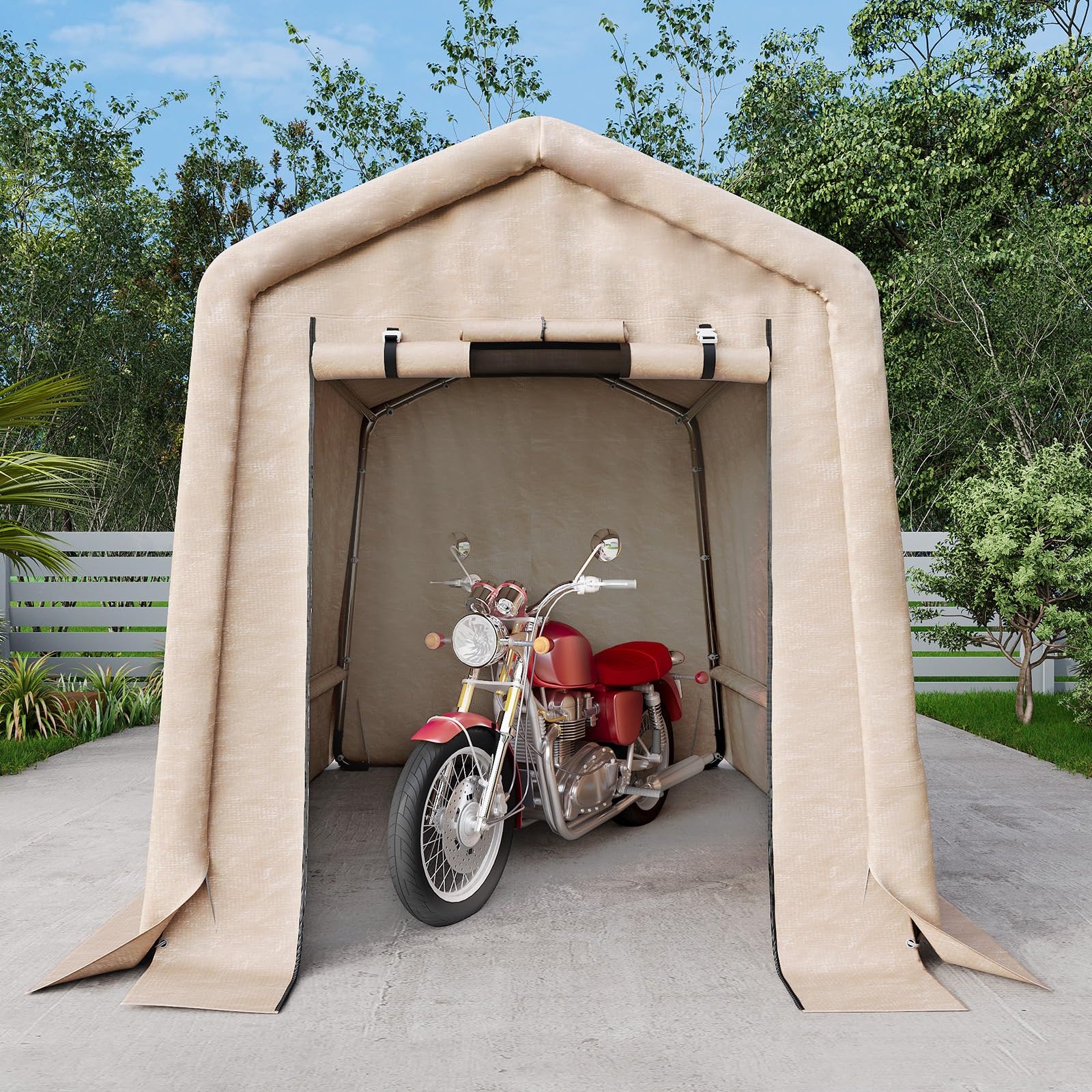 Garvee 6x6FT Outdoor Portable Storage Shed with Roll-Up Door & Vent, 240G Heavy-Duty Shelter Waterproof PE Tarp, UV-Resistant Storage Sheds for Motorcycle, Firewood, Garden and Tools, Khaki
