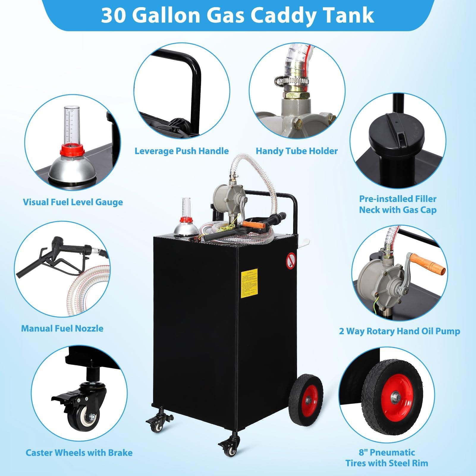 Garvee 30 Gallon Heavy Duty Portable Fuel Caddy with Manual Pump – 4-Wheel All-Terrain Gas & Fuel Transfer Tank with Brakes – Durable Storage for Vehicles, Tractors, Boats, Outdoor Equipment – Reinforced Rib Model, Black Powder Coating, 2026 Model