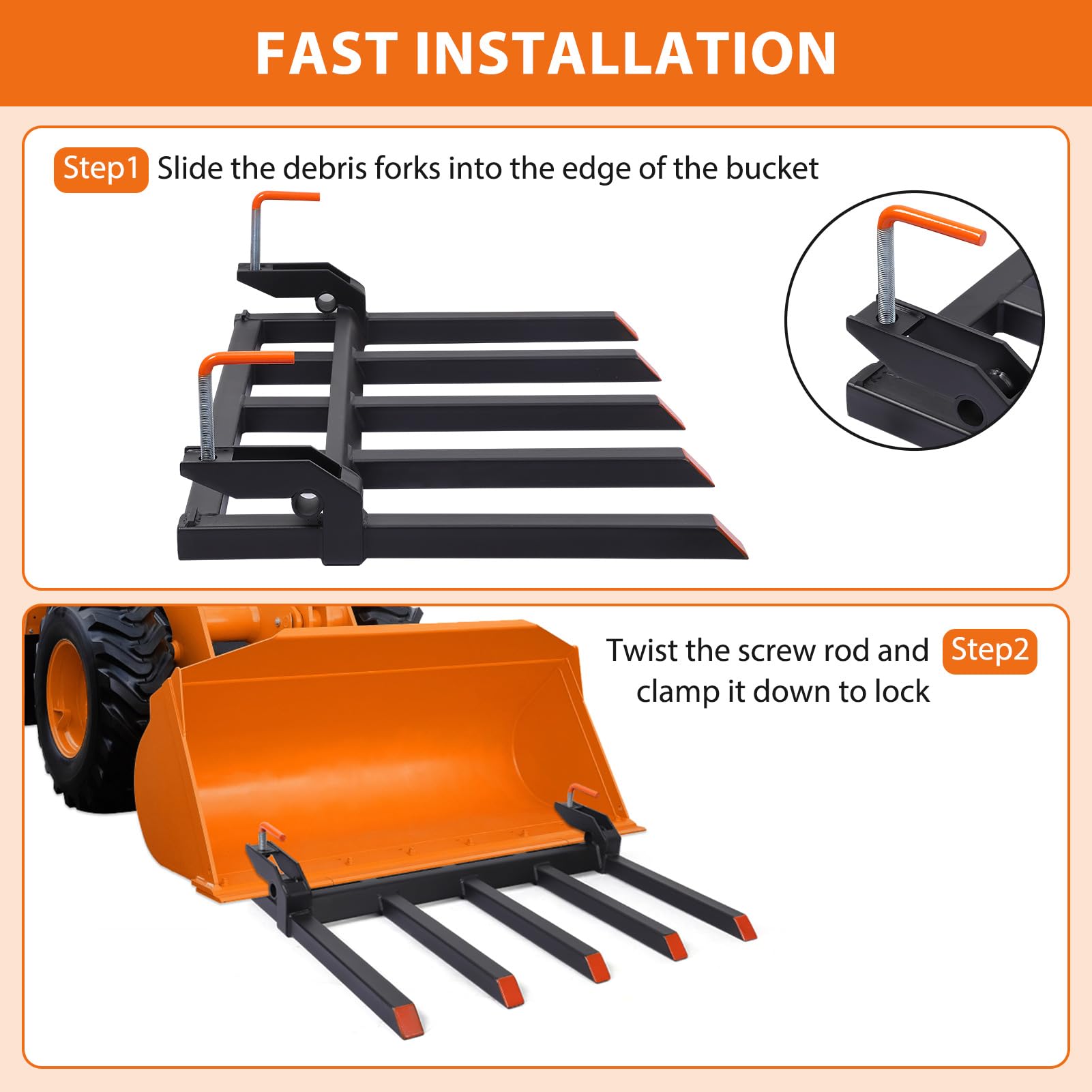 Garvee 42" Clamp-On Debris Forks for Tractor Buckets, 2500 lb 5-Tine Bucket Fork Attachment for Brush, Logs & Yard Cleanup