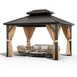 Garvee 10x12ft Hardtop Gazebo Outdoor Aluminum Frame Double Roof Waterproof Metal Roof Netting Curtains Patio Backyard Deck Poolside - Brown