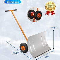 Garvee 29"W X 16.5"H Heavy Duty Metal Snow Shovel with Wheels – Wide Angled Blade – 5-Level Adjustable Ergonomic Handle – Back-Saving Snow Pusher for Driveways, Sidewalks, Yards – Silver with Orange-Yellow Handle and Wheels