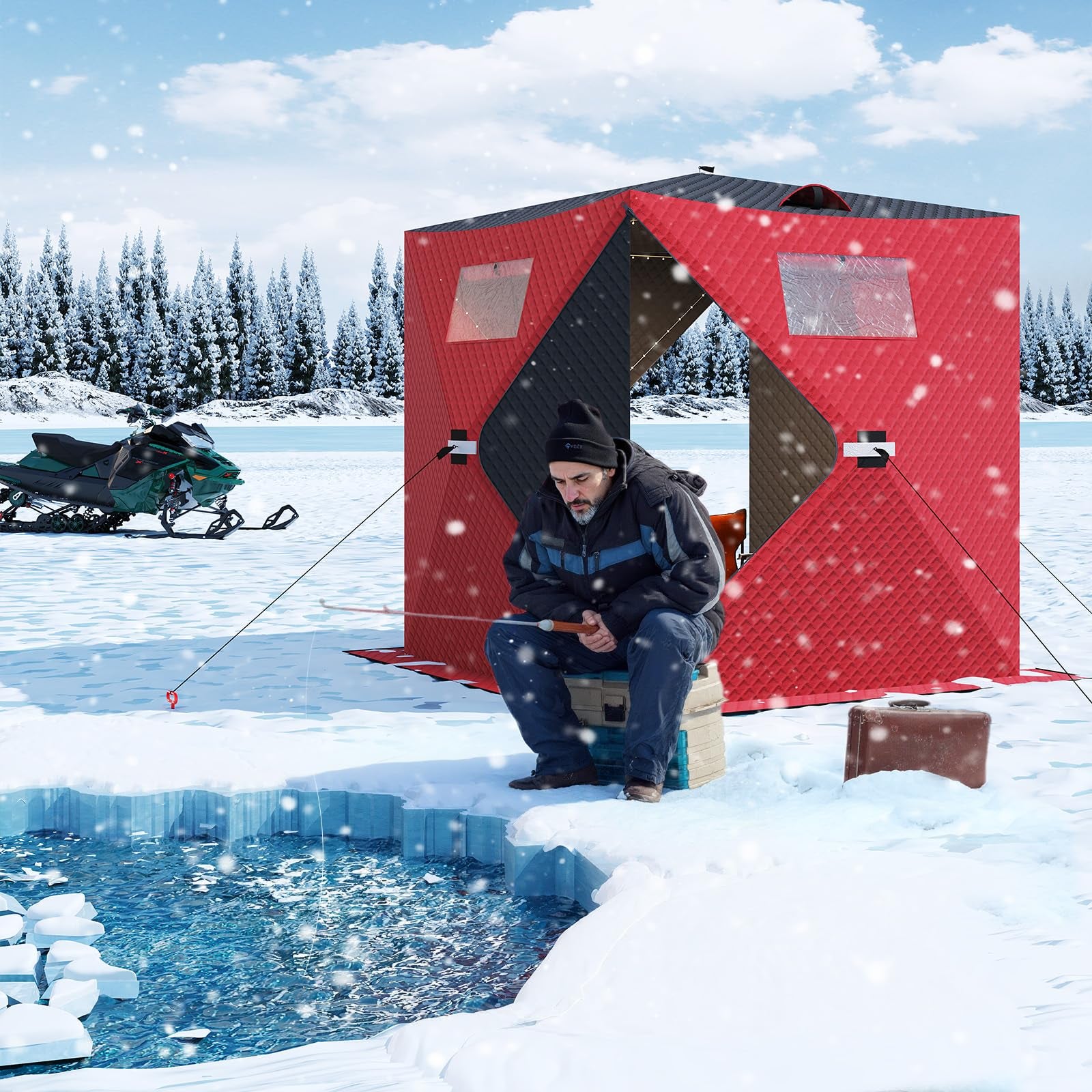 Garvee Insulated Pop-Up Ice Fishing Tent for 3-4 Persons - Portable Windproof Winter Shelter - Durable Ice Shanty, Carry Bag, Zippered Door, Anchors, Rope - Red & Black, 70.8×70.8×77.74 Inch | Winter fishing shelter