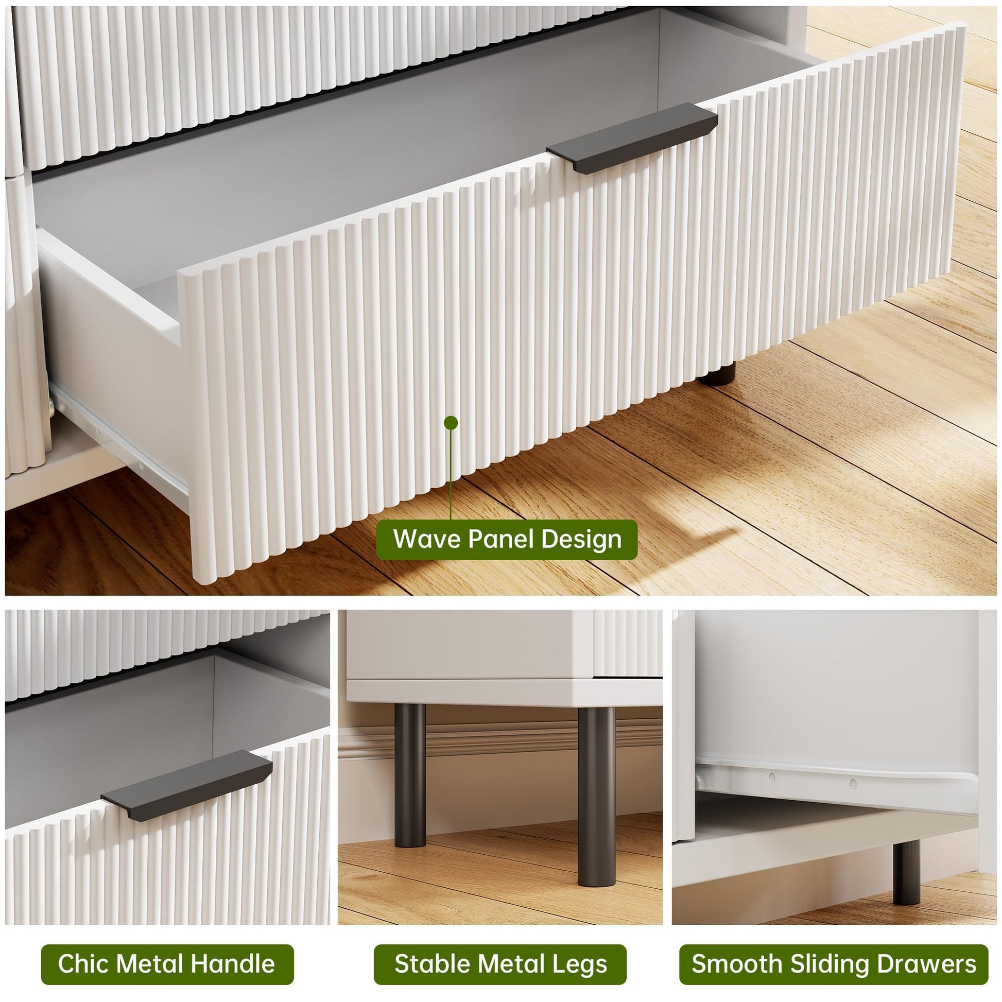 Garvee Modern Fluted 5 Drawer Dresser – Tall Wooden Chest with Wide Deep Storage, Metal Legs, Anti-Tipping Safety – Ideal for Bedroom, Nursery, Closet, Hallway – White