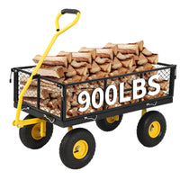 Garvee 900 lbs Heavy Duty Steel Garden Wagon Cart – 2-in-1 Utility Yard Cart, Removable Mesh Sides, 10" All-Terrain Tires, 180° Rotating Handle – For Gardening, Lawn, Outdoor Transport – Black Body, Yellow Hubs