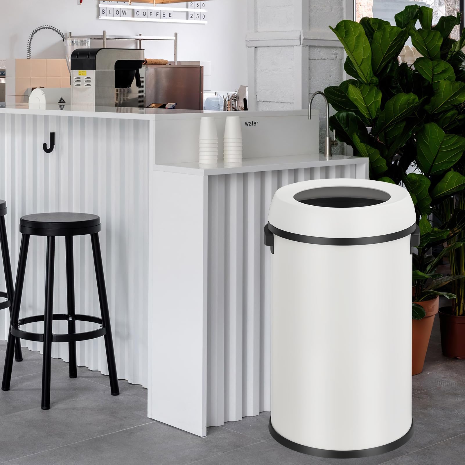Garvee 17 Gallon Open Top Trash Can, Commercial Grade Heavy Duty Brushed Stainless Steel Outdoor Trash Can, Large Kitchen Trash Can, White