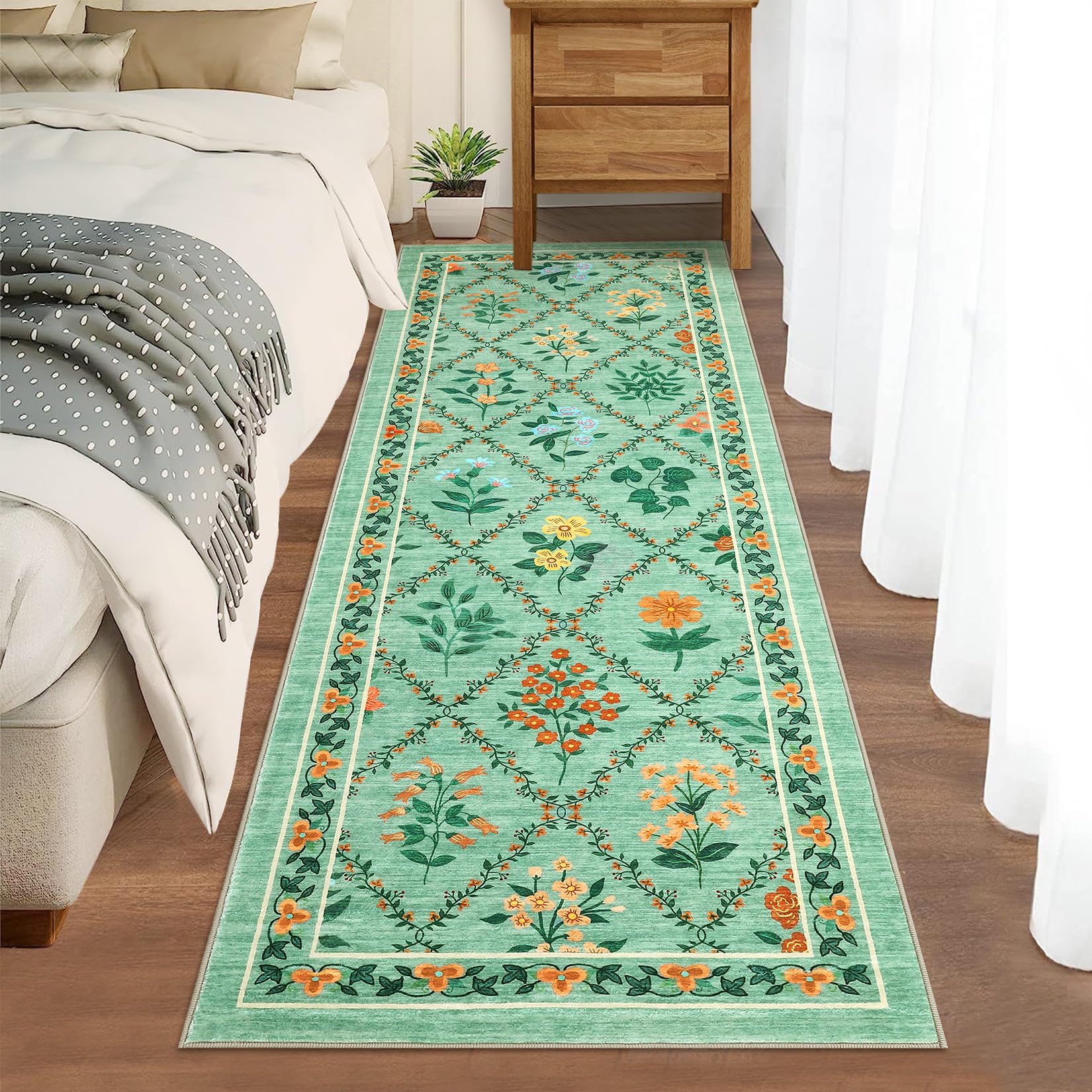 Garvee Modern Washable Rugs 2x6 Runner Floral Diamond Pattern Green Non ...