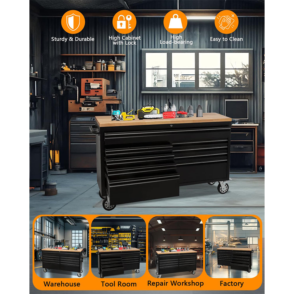 Garvee 9-Drawer Large Rolling Tool Chest, 61" Mobile Tool Storage Cabinet with Wheels and Wood Top, Garage Tool Box Organizer with Anti-Slip Liner for Warehouse, Workshop