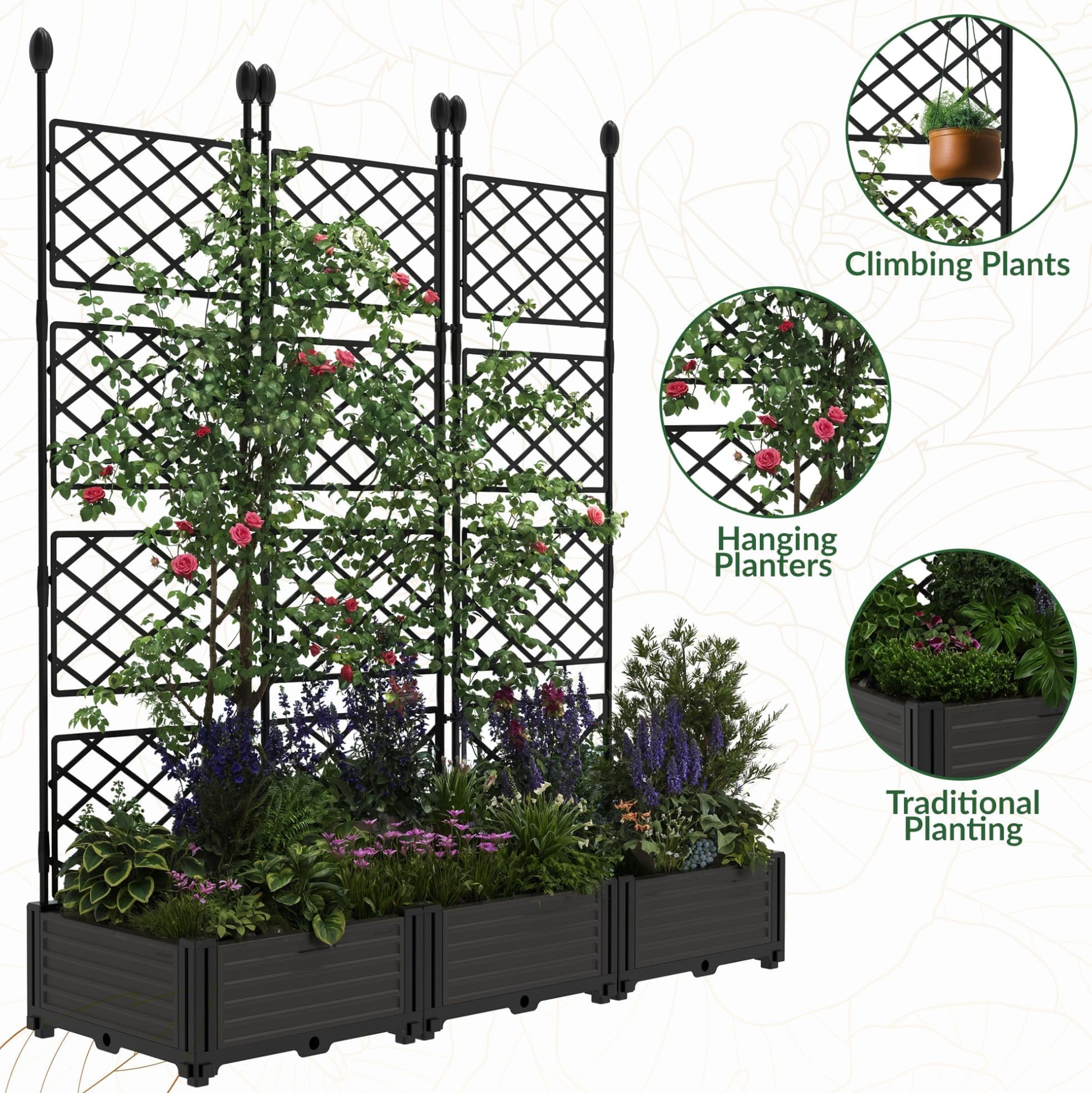 Garvee 3 PCS Raised Garden Bed with Trellis, 114.2" x 63" Plastic Planter Box for Climbing Plants, Outdoor Vertical Garden with Privacy Screen for Patio, Balcony, Backyard – Sturdy & Lightweight