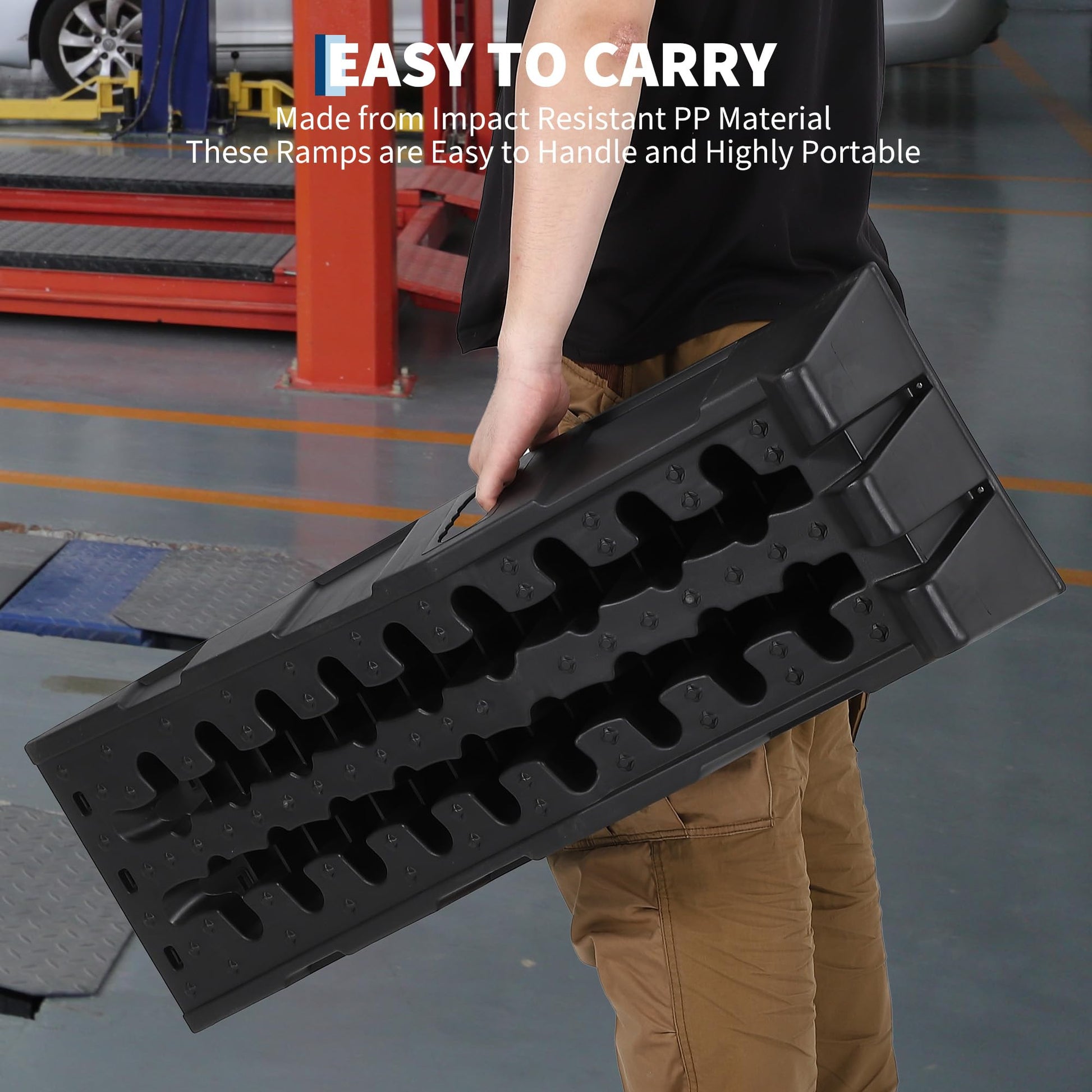 GARVEE car ramp with built-in carry handle made from impact resistant reinforced PP material