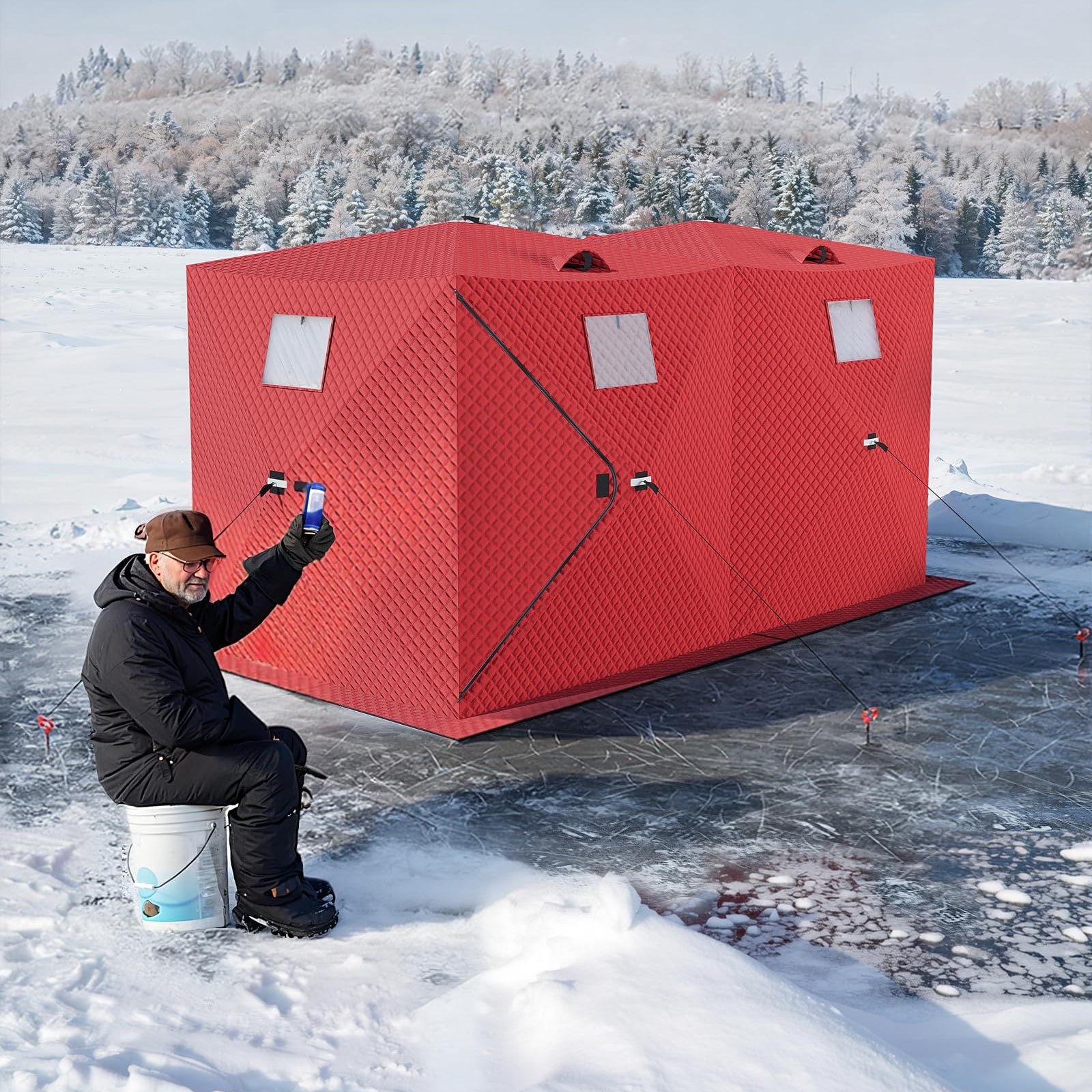 Garvee Insulated Pop-Up Ice Fishing Tent for 5-7 Persons - Spacious Hub-Style Winter Shelter - Waterproof Oxford, Quick Setup, Windproof, Anchors, Ropes, Carry Bag - Red, 141.73×70.8×77.74 Inch | Winter fishing portable shelter