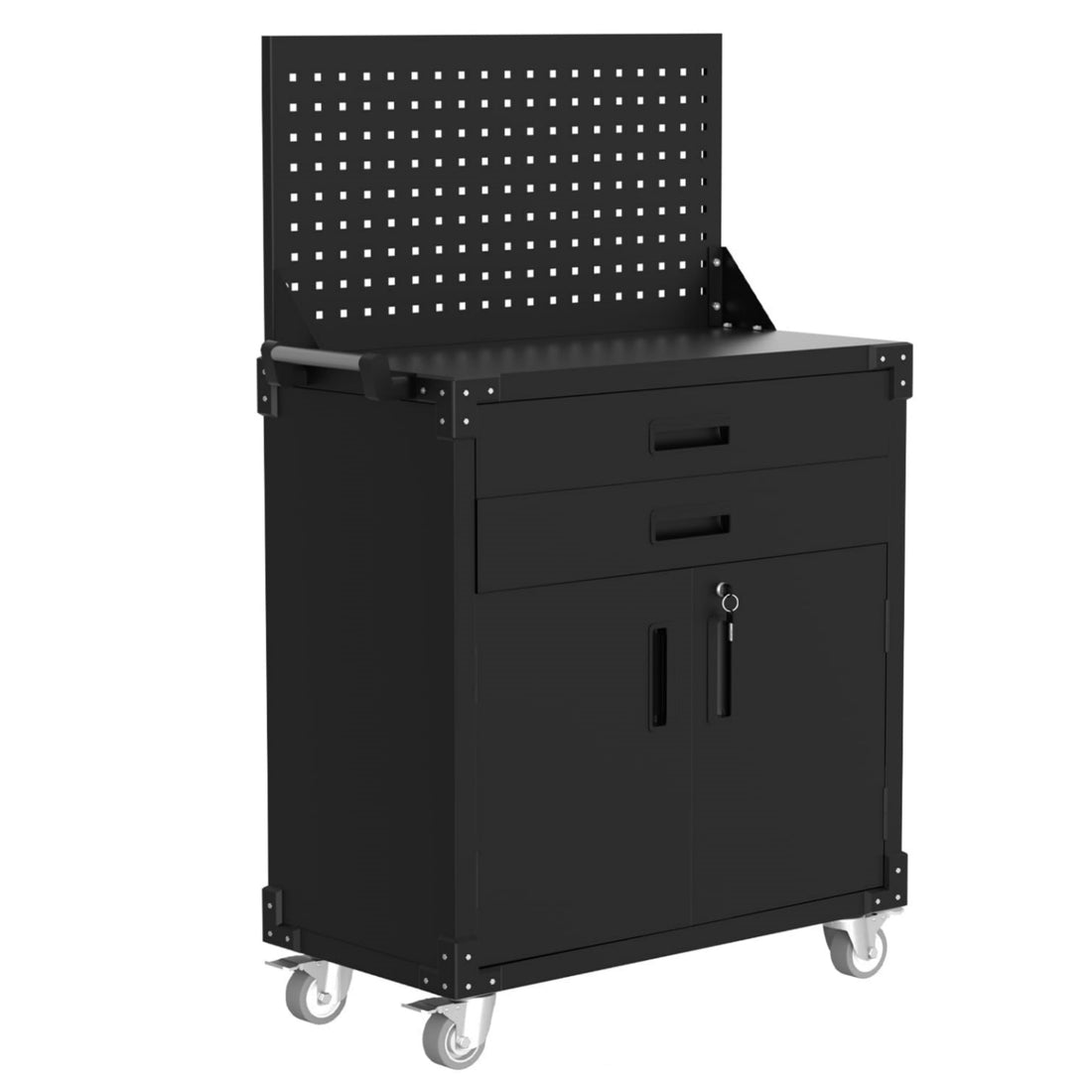 Garvee Mobile Tool Chest Cabinet with 2 Drawers & Pegboard, Heavy Duty Steel, Adjustable Shelves, Casters & Handle, Garage Workshop Workbench