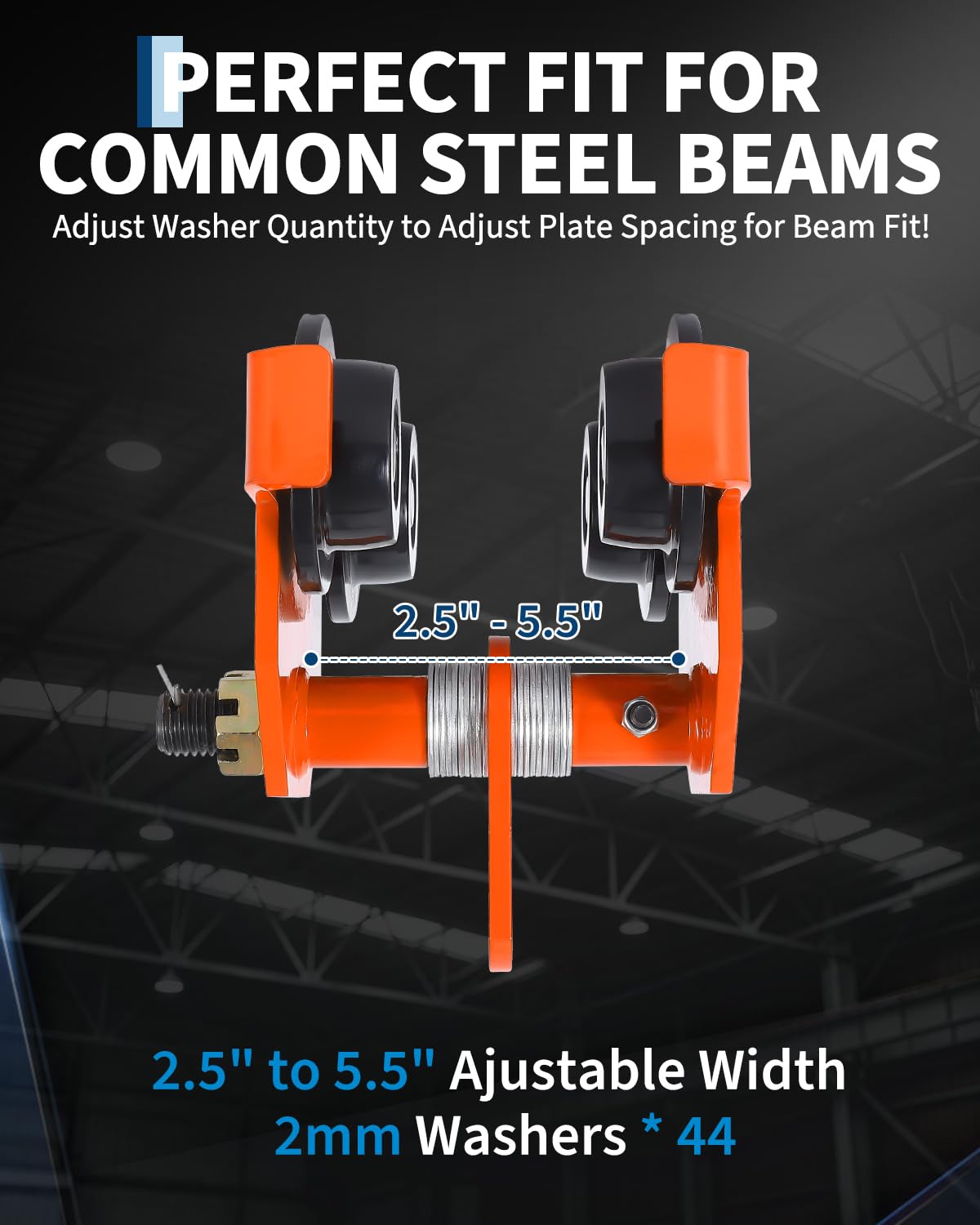 Garvee Manual Push Beam Trolley Hoist - 0.5 Ton (1100 lb) Capacity - Adjustable 2.5–7 in I-Beam Flange - Dual-Wheel Alloy Steel for Straight/Curved I & H Beams - Color: Orange