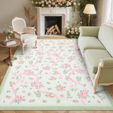 Garvee Coquette Green Floral Bow Rug 8x10 - Soft Low Pile, Non-Slip Rubber Backing, Machine Washable - Faux Wool Fiber, Kids & Pets Friendly - Nursery, Bedroom, Living Room - Green