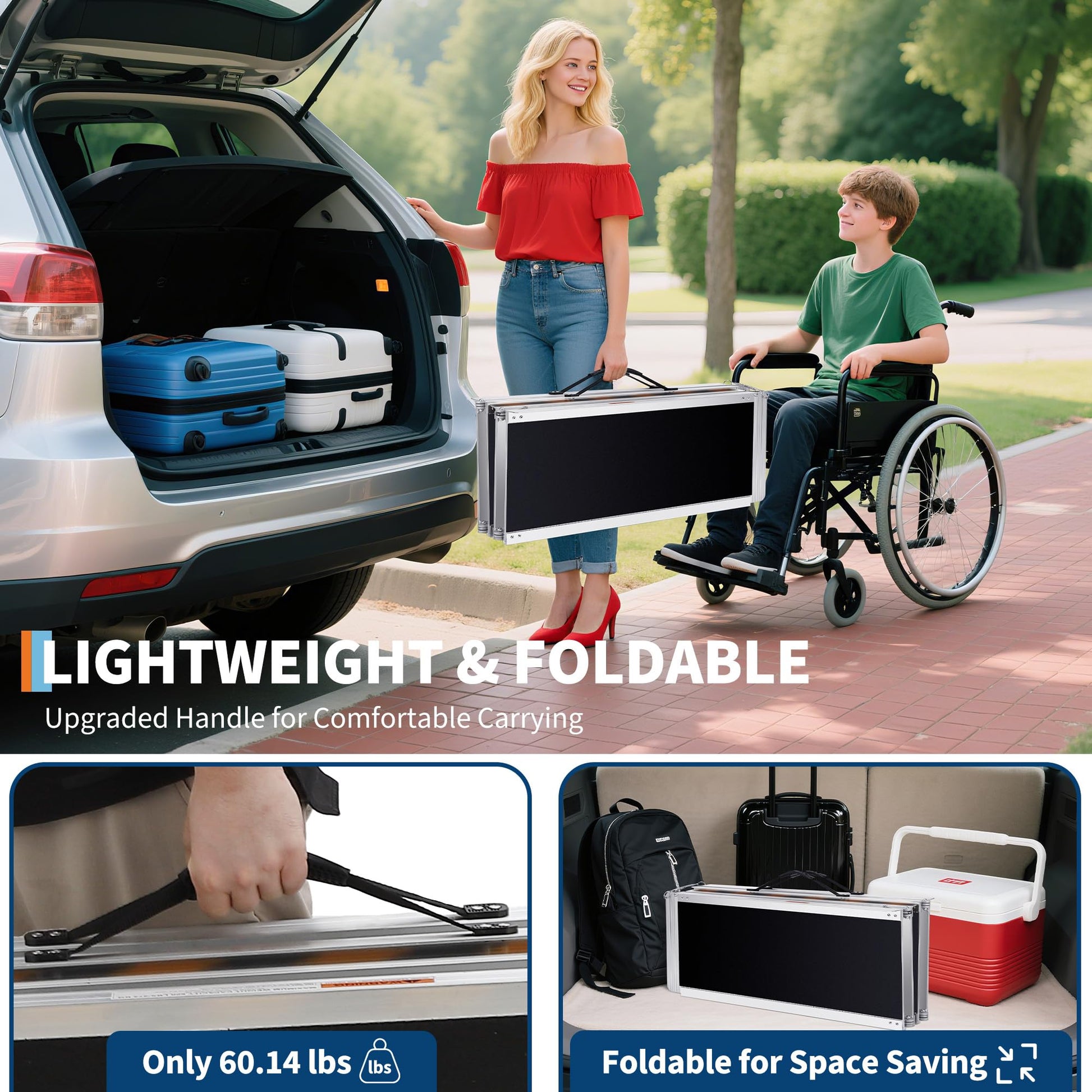 Garvee foldable threshold ramp with upgraded handle for vehicle trunk storage and travel use