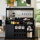 Garvee Farmhouse Coffee Bar Cabinet 47" with Charging Station & Wine Racks, Engineered Wood, Slim Profile & Sturdy Design, Black, Perfect for Kitchen or Dining Room - Black