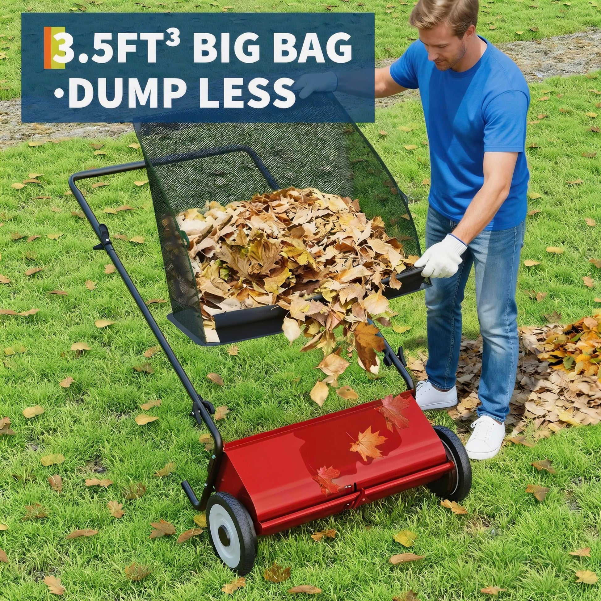 Garvee Push Lawn Sweeper Red 21-Inch Width 4-Brush System Steel Frame Large Capacity Yard Cleanup